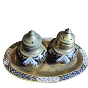 Vintage Brass and Enamel Decorative Salt and Pepper Shakers with Tray